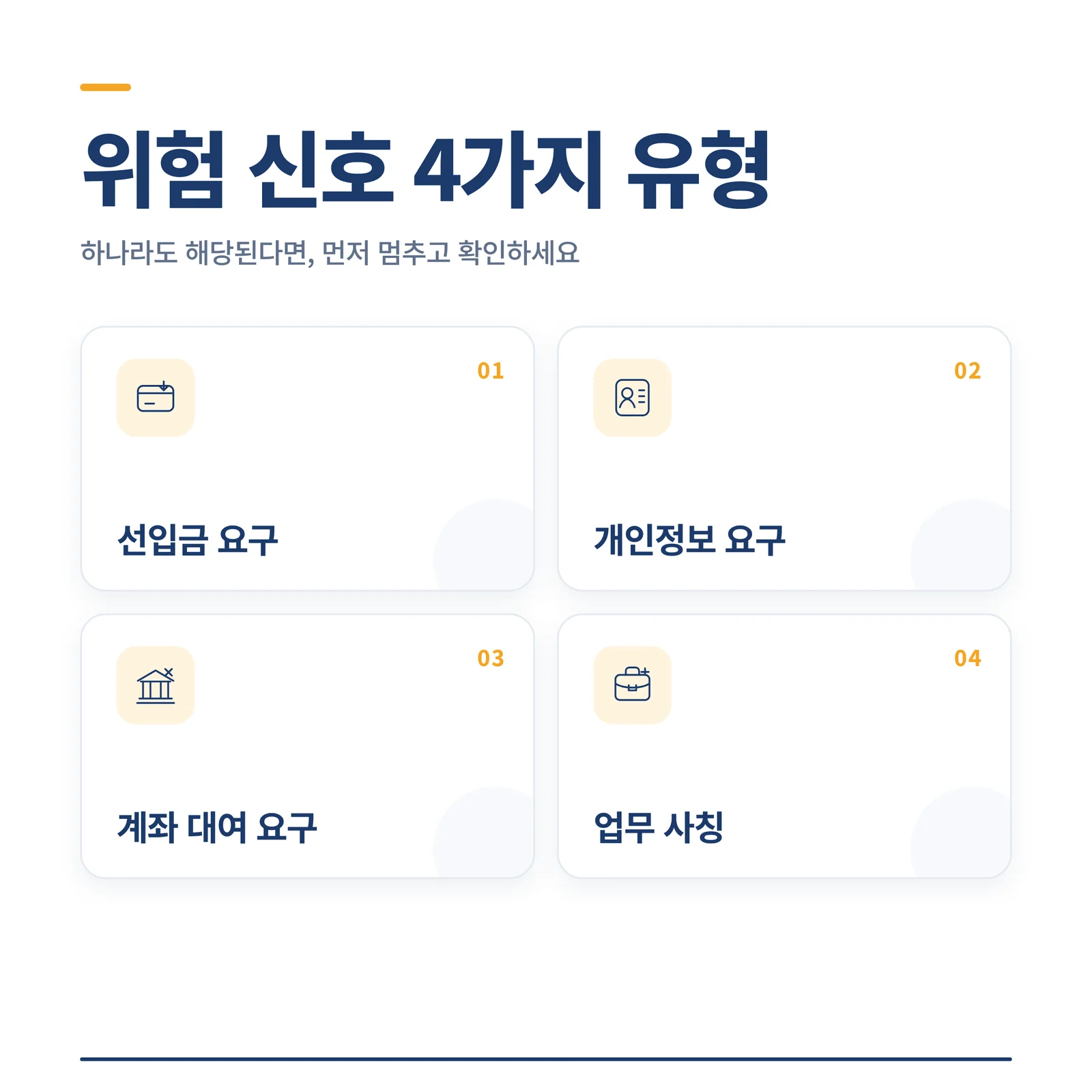 재택부업사기 위험 신호 4가지 유형 - 선입금 요구, 개인정보 요구, 계좌 대여 요구, 업무 사칭